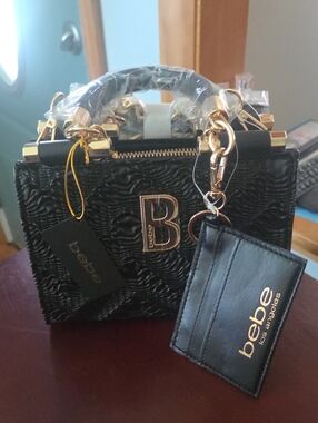 bebe Black Textured Satchel with Gold Accents
